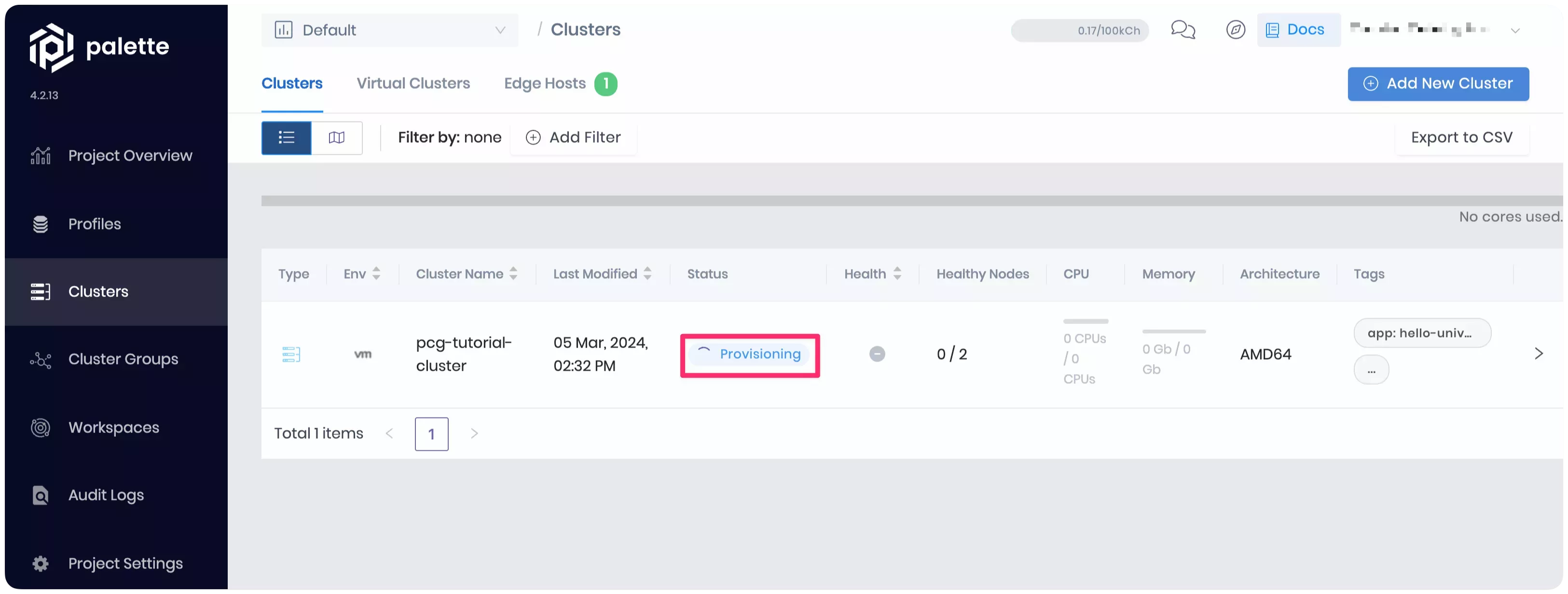 Palette's Clusters page.