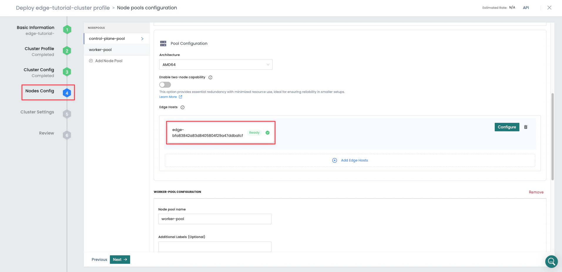 Screenshot of an Edge host added to the control plane pool.